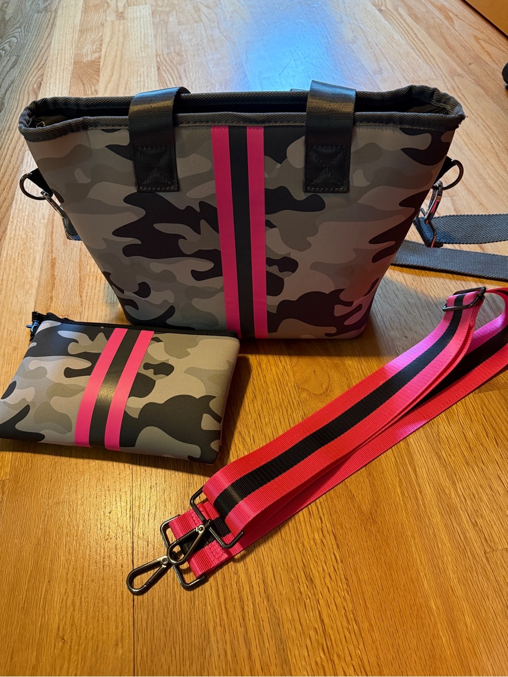 Gray Camo Crossbody Tote with Pink Stripe